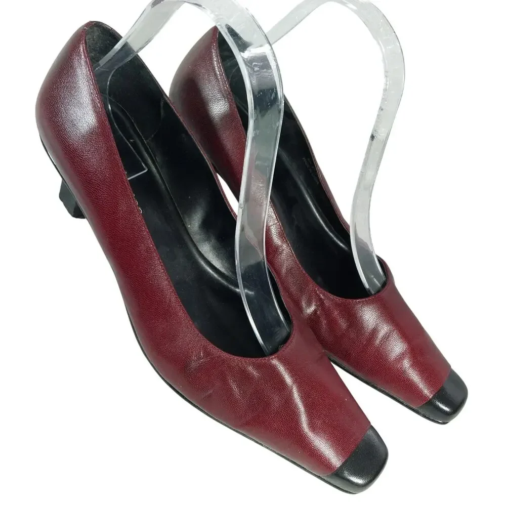 SACHA TOO! BURGUNDY & BLACK GENUINE LEATHER NIP TOE MODIFIED KITTEN HEELS! SZ 8M